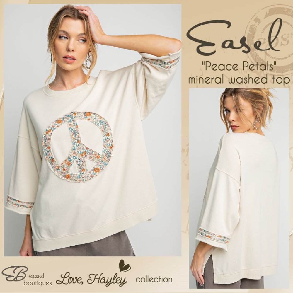 EASEL "Peace Petals" Mineral Washed Cotton Side Slits Peace Sign Patch Raw Seams